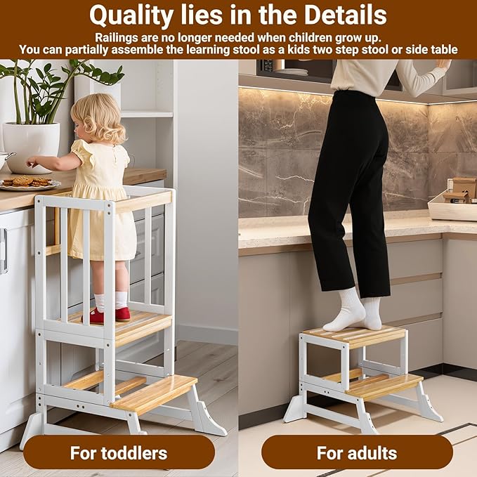 COSYLAND Kitchen Tower for Toddlers with Anti-Tip Support – Lightweight Toddler Kitchen Stool Helper for Bathroom Living Room Dining Room – Solid Bamboo Standing Tower (Natural & White)