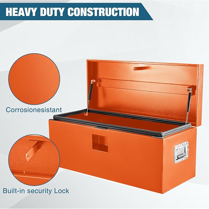 Black Steel Underbody Truck Box, Pickup Storage Box, Heavy Duty Diamond Plate Tool Box with Lock and Keys, Waterproof Trailer Storage Box (24"x 15"x 15"- Orange)