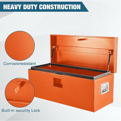 Black Steel Underbody Truck Box, Pickup Storage Box, Heavy Duty Diamond Plate Tool Box with Lock and Keys, Waterproof Trailer Storage Box (24"x 15"x 15"- Orange)