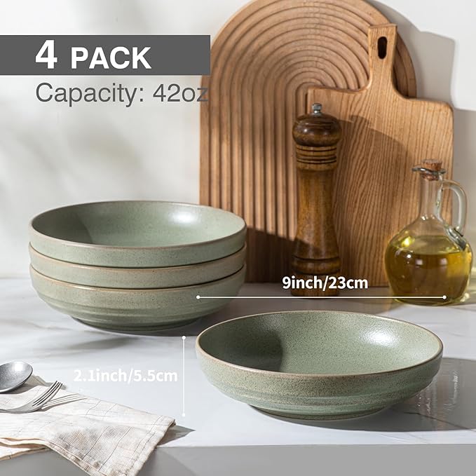 HAPPY KIT 9'' Pasta Bowls, 42oz Pasta Bowls Set of 4, Large Salad Bowl, Ceramic Serving Bowls,Double Reactive Glaze, Ideal for Housewarming, Festivals, Microwave Safe (Willow Green)