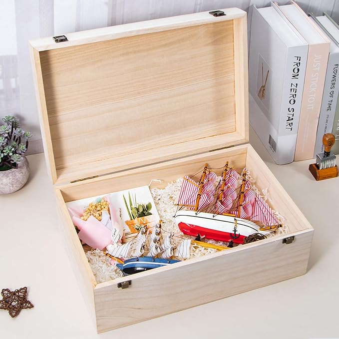 Wooden Storage Box with Hinged Lid and Front Clasp, 14''x9.4''x5.9'' Large Wood Storage Box Boxes Wood Gift Boxes for Crafts Art Hobbies and Valentine's Day Decoration