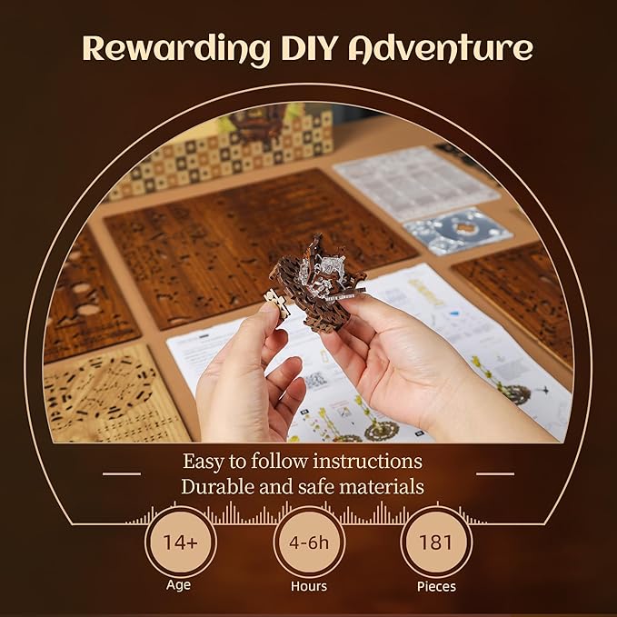 LED 3D Wood Puzzle Poker World Projector Lamp – DIY Craft Kit with LED Lights and Music Box – Creative Poker-Themed Lamp, Nightlight Gift for Home Décor (Black Walnut)