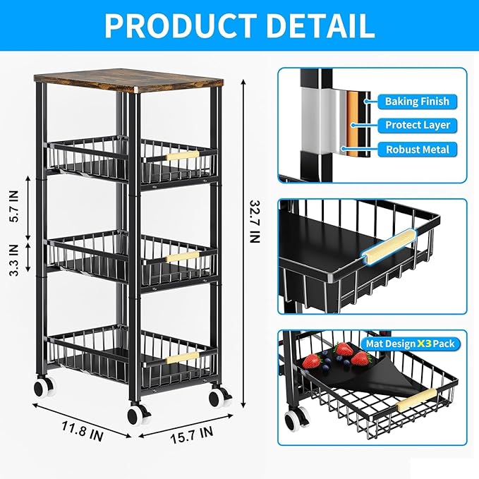Fruit Vegetable Storage Basket for Kitchen, 4 Tier Large Pull-Out Metal Wire Baskets with 3 Pack Mats Bottom, Wood Top and Wheels, Vegetable Produce Bins Stand Cart Rack for Onions and Potatoes