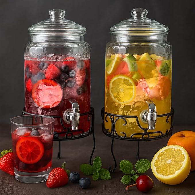 2 PACK 1.5 Gallon Drink dispenser, Classic Hammered Glass Beverage Dispenser