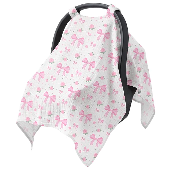 Baby Car Seat Cover - 100% Muslin Cotton Universal Breathable Canopies for Boys and Girls Soft Spring Summer Car Seat Cover Lightweight Infant Car Seat Canopy - Pink Bows