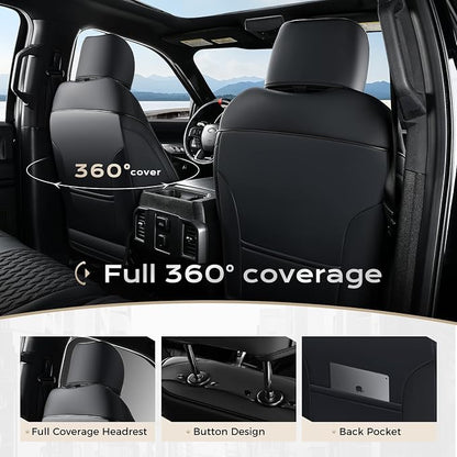 Coverado Full Set F150 Seat Covers, Waterproof Faux Leather Full Coverage Protector for 2015-2026 Ford F150 & 2017-2026 F250 F350 F450 Crew Cab, Black Truck Interior Car Seat Cushion Covers