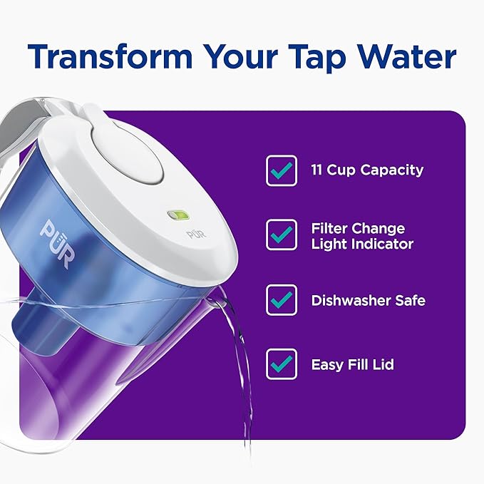 PUR 11-Cup Water Pitcher, 1 Filter, Great-Tasting Water, Dishwasher Safe