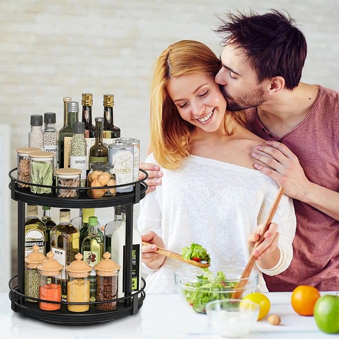 Snughome Lazy Susan Spice Rack, 2 Tier Rotating Spice Rack, Wood Lazy Susan