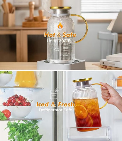 2 PACK Glass Pitcher with Lid 64 oz, Classic Vertical Stripes Pitcher with Lid