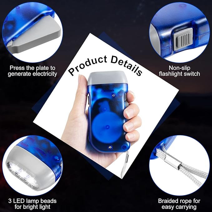 Treela 36 Pcs Hand Crank Flashlights Operation Christmas Bulk Items Squeeze Flashlight No Battery Required Torchlight 3 Powered Charging for Emergency(Yellow, Gray, Blue, Red)