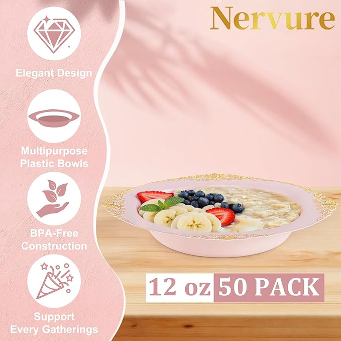 Nervure 50PCS Pink Plastic Bowls with Gold Rim - 12oz Disposable Soup Bowls, Heavy Duty Salad Ice Cream Bowl Perfect For Weddings, Parties and Everyday Use