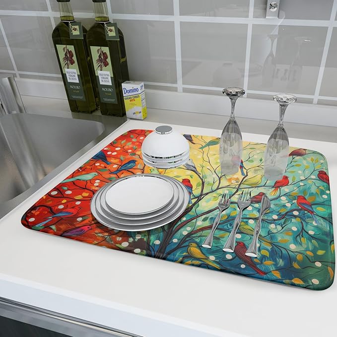 Spring Summer Floral Birds Dish Drying Mat