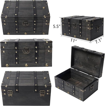Deluxe Wooden Treasure Chest - 11" x 7.1" x 5.5", Elegant Storage Box with Sturdy Hinged Lid, Vintage-Inspired Decorative Trunk for Keepsakes, Black