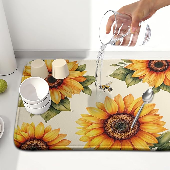 Spring Summer Dish Drying Mat 16x18 Inch Absorbent Reversible Sunflower Drying