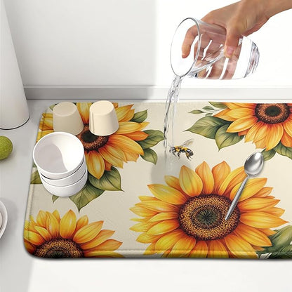 Spring Summer Dish Drying Mat 16x18 Inch Absorbent Reversible Sunflower Drying