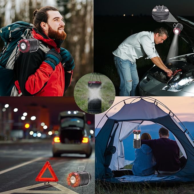 Lichamp Collapsible 2-Pack Camping Lanterns, 300LM COB Light & 150LM Flashlight with Red Strobe/SOS, Magnetic Base, Battery-Powered for Hiking, Power Outages and Emergency