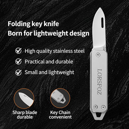 Stainless steel mini folding knife, portable key chain knife and small portable grindstone and outdoor fishing hook grinding tool, suitable for camping, hiking and outdoor. (silvery white)