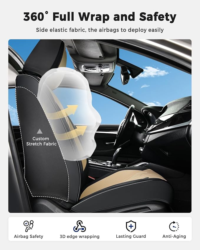 Huidasource Front Seat Covers, Universal Fit for Most Cars SUV Trucks, Full Coverage Nappa Leather Seat Cover, Airbag, Velcro Adjustable, Seat Function Retain, Black&Beige