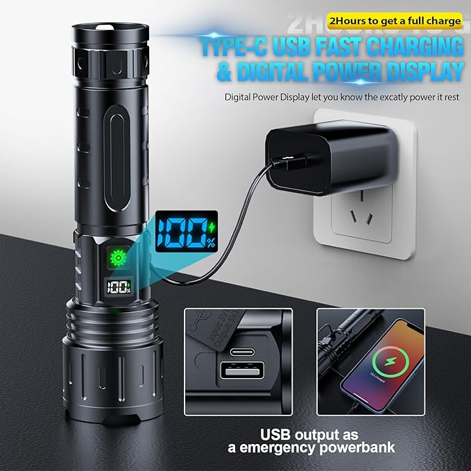 Flashlights 2000 High Lumens Rechargeable - 1500 Meters Long Beam Super Bright LED Flash Light with Power Display & IPX5 Waterproof for Camping, 20H Runtime,5 Modes,Zoomable with Belt Holsters