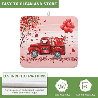 Valentine's Love Truck Dish Drying Mat, Valentine Red Gnomes Dish Drying Mat