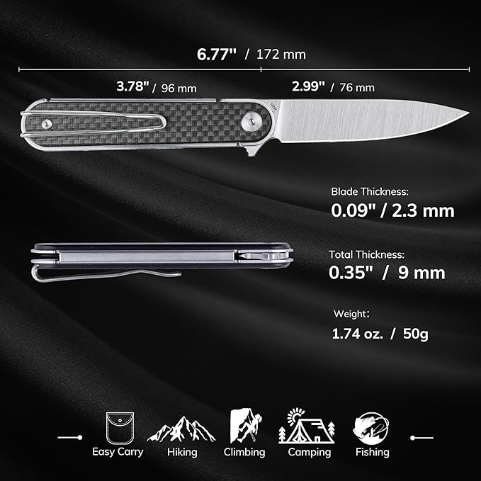 REALSTEEL IRIS Pocket Knife, Folding Knife, Flipper, Liner Lock, 2.99" 12C27 Steel Blade, Lightweight G10 Handle, 1.74oz, Deep-carry Pocket Clip, EDC Outdoor Indoor, Gifts for Men Women Camping Hiking Climbing Fishing (Carbon Fiber laminate G10)