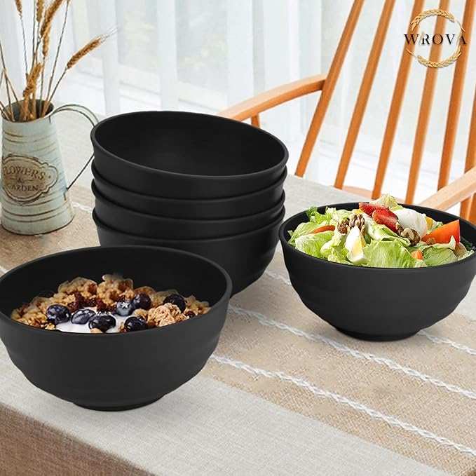Wheat Straw Bowls Set 60 OZ Unbreakable Large Cereal Bowls Set of 6 Microwave and Dishwasher Safe Bowls Big Bowls for Camping and Picnic BPA Free Soup Bowl for Serving Oatmeal and Salad. Black