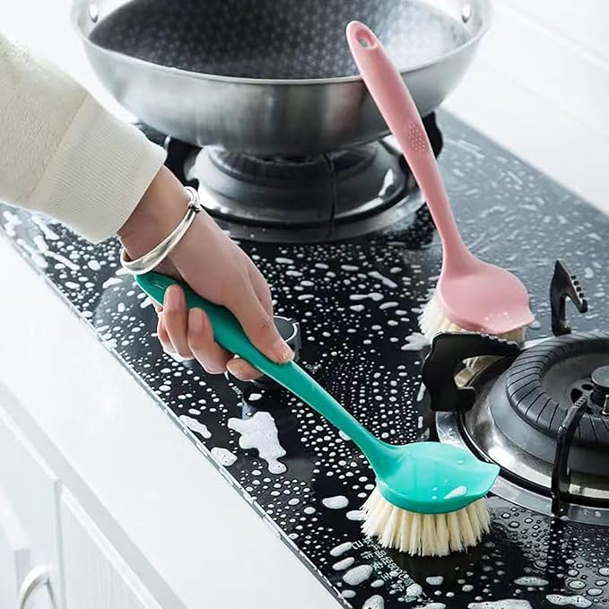 2 Pack Kitchen Dish Brush with Handle – Long Handle Scrubber with Tough Bristles