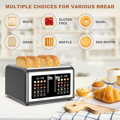 4 Slice Toaster Touch Screen, Stainless Steel Toasters Digital Timer, Dual