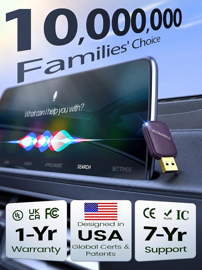 Wireless CarPlay Adapter for iPhone & Android Auto - Wired to Wireless Car Play Dongle, Gold-Plated USB, No Lag & Auto Reconnect for Daily Drive, Mini Size, Plug & Play with OEM Wired Cars 2016+