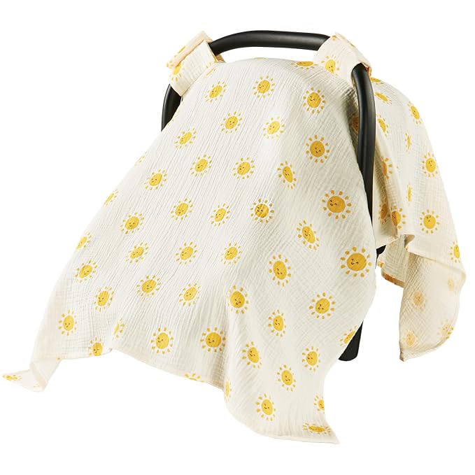 100% Muslin Cotton Car Seat Cover for Baby, Soft Breathable Car Seat Canopy, Universal Infant Carseat Cover Sun Protector, Lightweight Summer Stroller Cover for Boys Girls-Sunlight