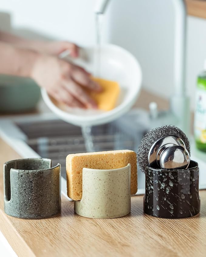 Zoeeker Sponge Holder for Kitchen, Ceramic Sink Caddy Scrub Sponge Rack Dish