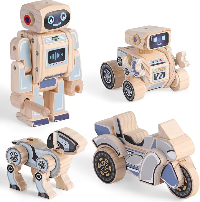 SainSmart Jr. 4-in-1 STEM Kits, Wooden Robot Assembly Toy Set, Woodworking Crafts Projects for Kids, Gift for Boys and Girls