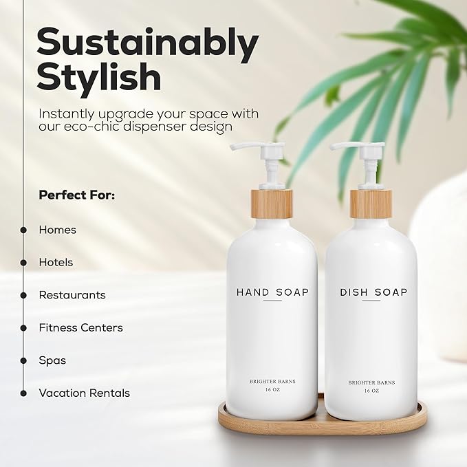 White Glass Hand and Dish Soap Dispenser Set by Brighter Barns