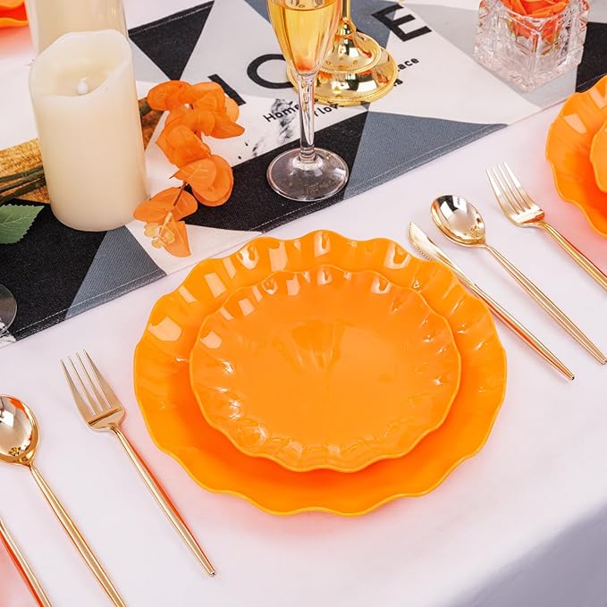 LIYH 24 Pcs Orange Scalloped Plates - Sturdy Plastic Orange Plates for Halloween & Thanksgiving Party Dishwasher Safe Reusable (12 Guests)