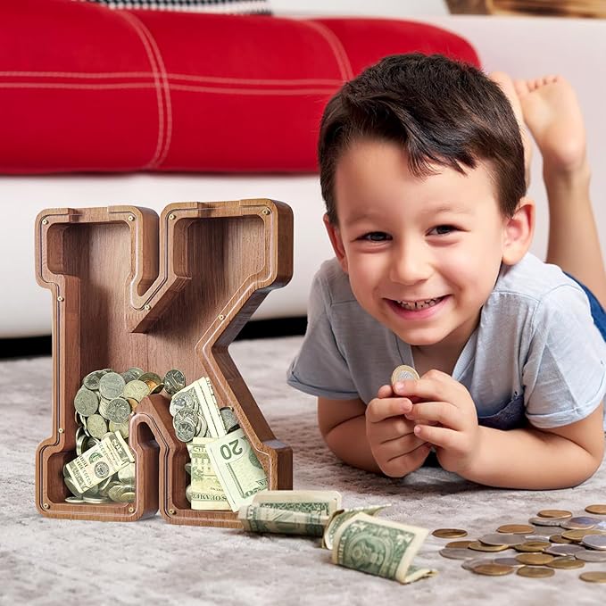 Summidate Customized Name Large Wooden Piggy Bank for Kids Boys Girls Alphabets Letter A-Z Coins Bills Money Change Bank Box Initial on Clear Cover (Laser Engraved) (Alphabet-K, Personalized-12)