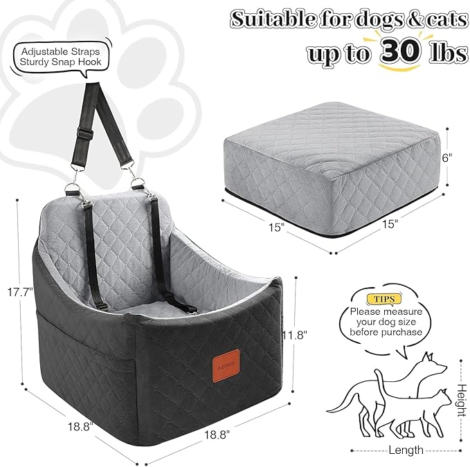 Dog Car Seat for Small Medium Dogs,Detachable Washable Dog Booster Seat Under 35lbs, Pet Car Seat Travel Bed with Storage Pockets and Safety Belt (Black/Grey, Medium)