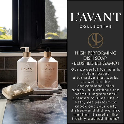L'AVANT Collective The Ultimate Dish Wash Duo, Natural Luxury Dish Soap 16 Fl Oz with Refillable Glass Pump Bottle & 2 Loofah Dish Sponges for Pots, Pans, Dishes and Kitchen Cleaning, Blushed Bergamot