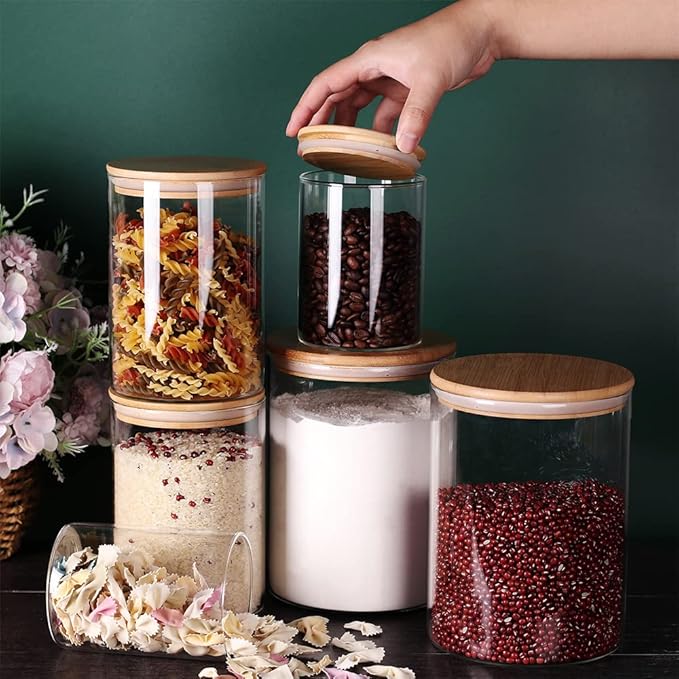 Glass flour Jars with Airtight Lids, 6 Pack Sugar and Flour Salt Containers Set, Extra Large Glass Rice Jar with Bamboo lid for Kitchen, Brown Suger, Beans, Groub Coffee (100OZ/54OZ/27OZ)