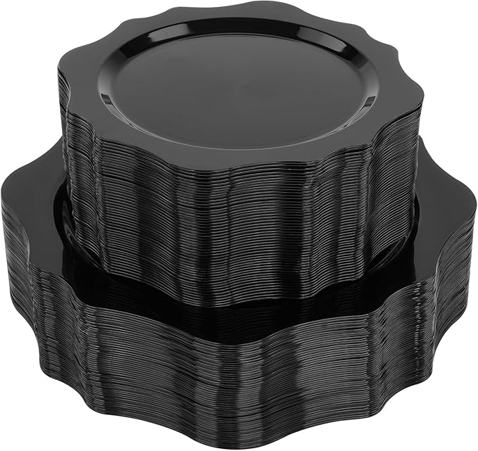 100 PCS Black Disposable Plates for 50 Guests, Scalloped Plastic Plates Include 50 Dinner Plates and 50 Dessert Plates for Party, Wedding, Graduation and Father's Day