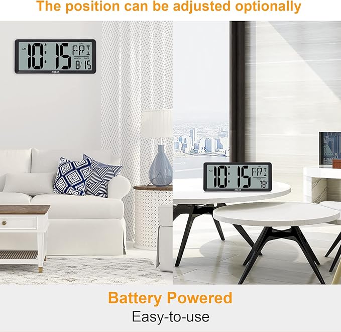 XREXS Large Digital Wall Clock, Battery Operated Alarm Clocks