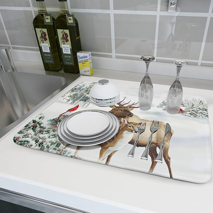Giwawa Winter Deer Dish Drying Mat 18"x24" Xmas Tree Bird Holly Berry Dish