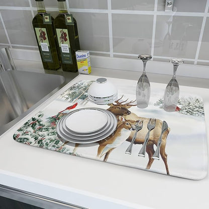 Giwawa Winter Deer Dish Drying Mat 18"x24" Xmas Tree Bird Holly Berry Dish