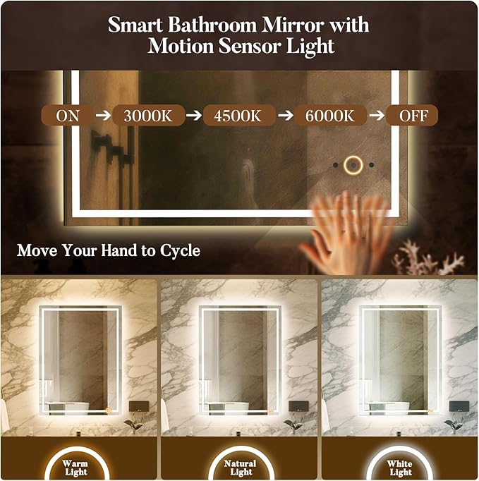 LED Bathroom Mirror with Lights, Hand Wave, Tempered Glass, Shatter-Proof