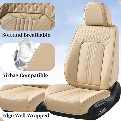 Coverado Seat Covers Full Set, Leather Car Seat Cover, Waterproof Car Seat Protector, Automotive Seat Covers Car Seat Cushion Universal Fit for Most Cars, Beige