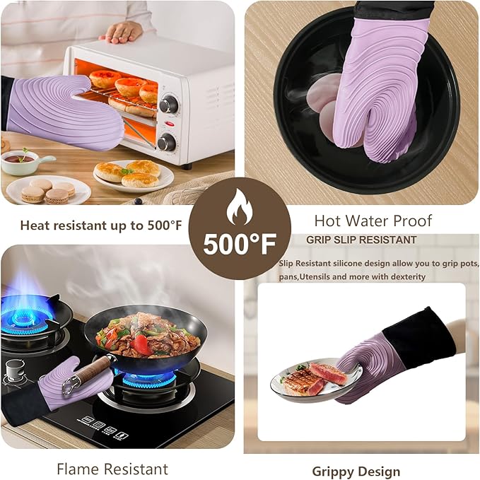 Silicone Oven Mitts-13.6 in Extended Oven Mitts Heat Resistant 500F, Oven Gloves