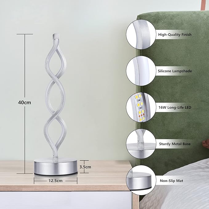NUÜR Silver Lamps for Bedrooms Set of 2, Small Table Lamp, 3 Colour Temperature