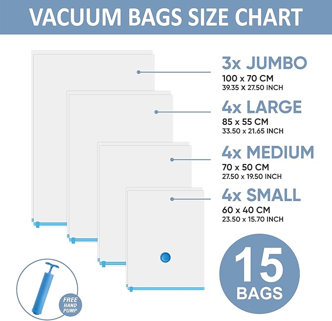 15 Pack Vacuum Storage Bags with Hand Pump, 80% Space Saver Vacuum Seal Storage Bags for Clothing, Travel Lugggage, Blankets, Comforters