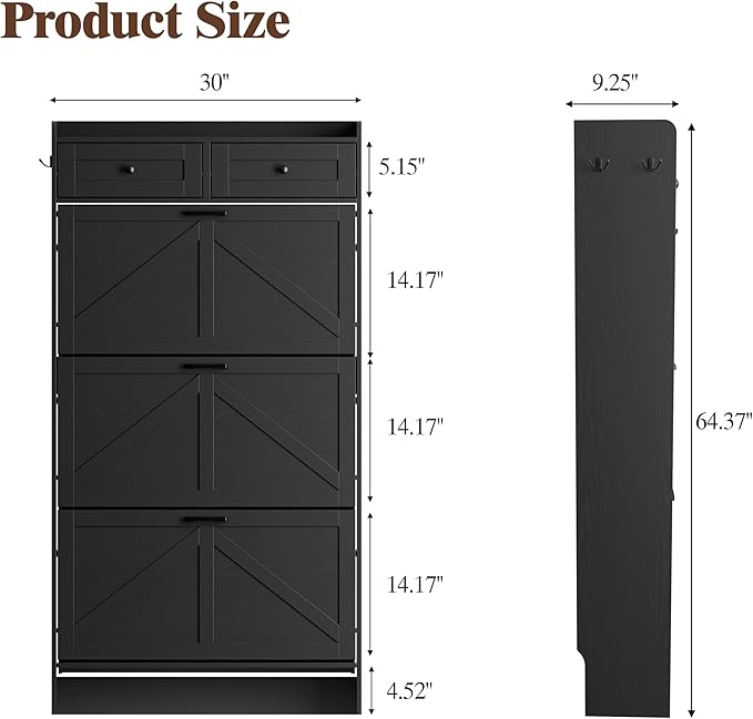 Shoe Cabinet with 3 Flip Drawers & 2 Storage Drawers, Rustic Farmhouse Narrow