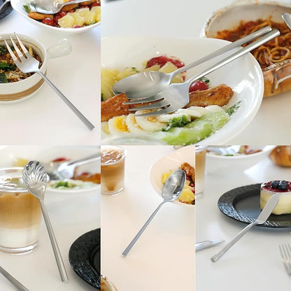 DEACORY 5-Piece Silverware Stainless Steel Matte Finished Flatware Thick Heavy Hexagon Cutlery Serving Utensils Set