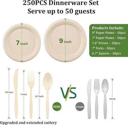 Compostable Paper Plates Set, 250PCS Disposable Heavy-Duty Sugarcane Plate and Eco-Friendly Utensil Biodegradable Dinnerware Plates, Extra Long Forks & Knives & Spoons for Party